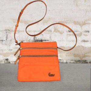 Dooney & Bourke orange nylon Triple Zip Crossbody w/leather adjustable strap